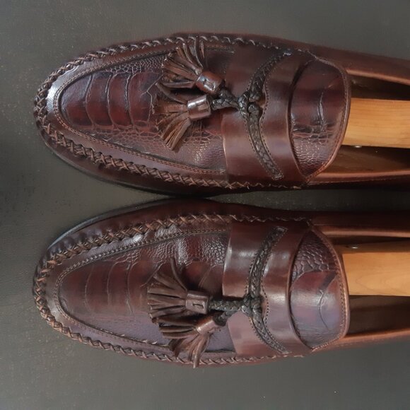Johnston & Murphy SZ 9.5 Alligator Imprinted Men's Brown Leather Tassel Loafers - Picture 10 of 16